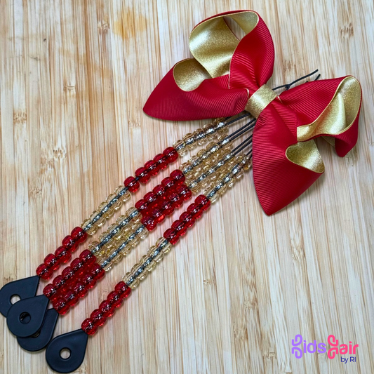 Red and Gold double bow + sparkly red and sparkly gold beads