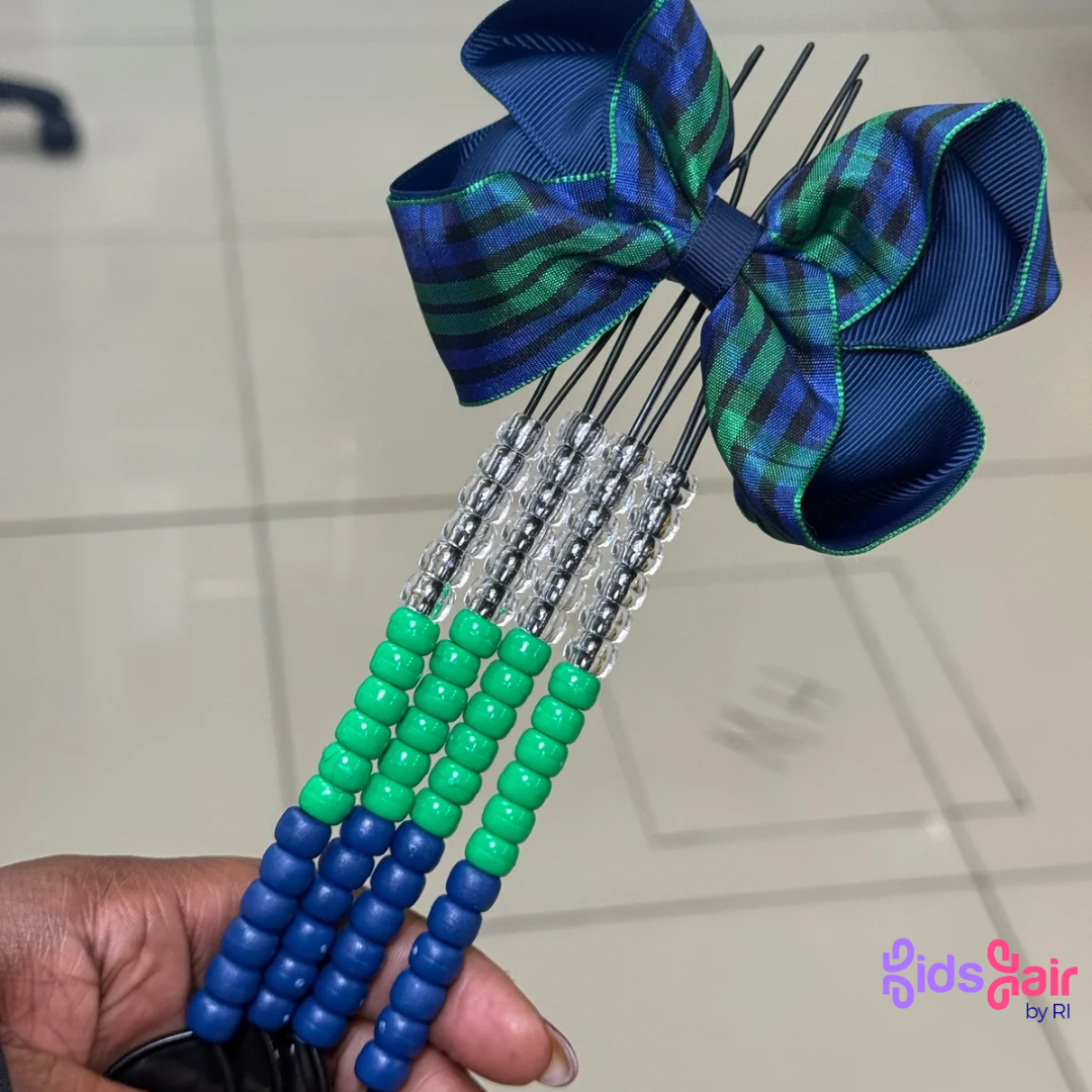 Blue and Green Tartan Bow + Navy, Green and Clear Beads